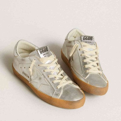 Golden Goose Super-Star Sneakers In Silver Metallic Leather With Leather Star And Heel Tab