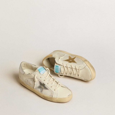 Golden Goose Super-Star Sneakers In White Leather And Suede With Silver And Gold Leather Star