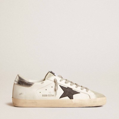 Golden Goose Super-Star Sneakers In White Leather With Black Nubuck Star And Silver Metallic Leather Heel Tab