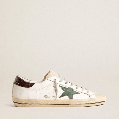 Golden Goose Super-Star Sneakers In White Leather With Green Star And Animal-print Heel Tab