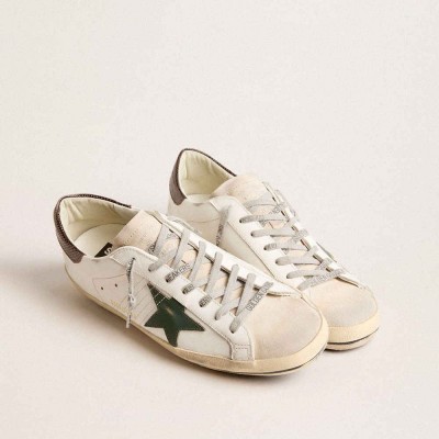 Golden Goose Super-Star Sneakers In White Leather With Green Star And Animal-print Heel Tab