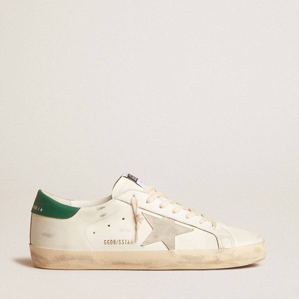 Golden Goose Super-Star Sneakers In White Leather With Ice-gray Suede Star And Green Leather Heel Tab