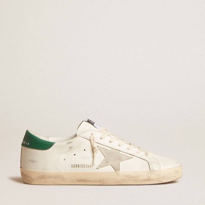 Golden Goose Super-Star Sneakers In White Leather With Ice-gray Suede Star And Green Leather Heel Tab