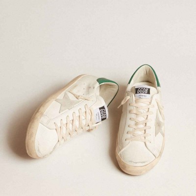 Golden Goose Super-Star Sneakers In White Leather With Ice-gray Suede Star And Green Leather Heel Tab
