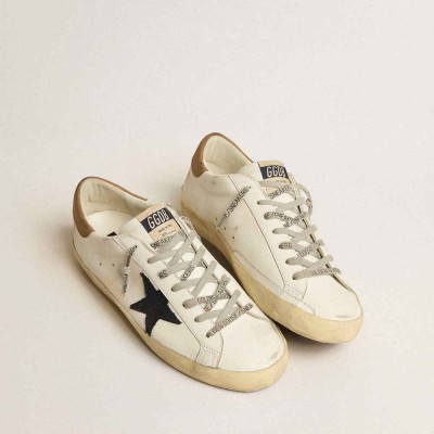 Golden Goose Super-Star Sneakers In White Leather With Midnight-blue Canvas Star And Tobacco Leather Heel Tab
