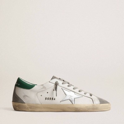 Golden Goose Super-Star Sneakers In White Leather With Silver Star And Green Heel Tab