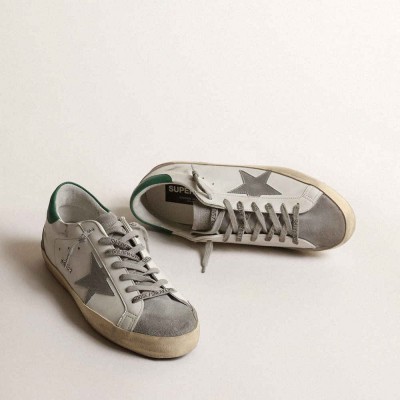 Golden Goose Super-Star Sneakers In White Leather With Silver Star And Green Heel Tab