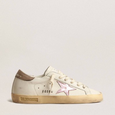 Golden Goose Super-Star Sneakers In White Nappa With Pink Metallic Leather Star