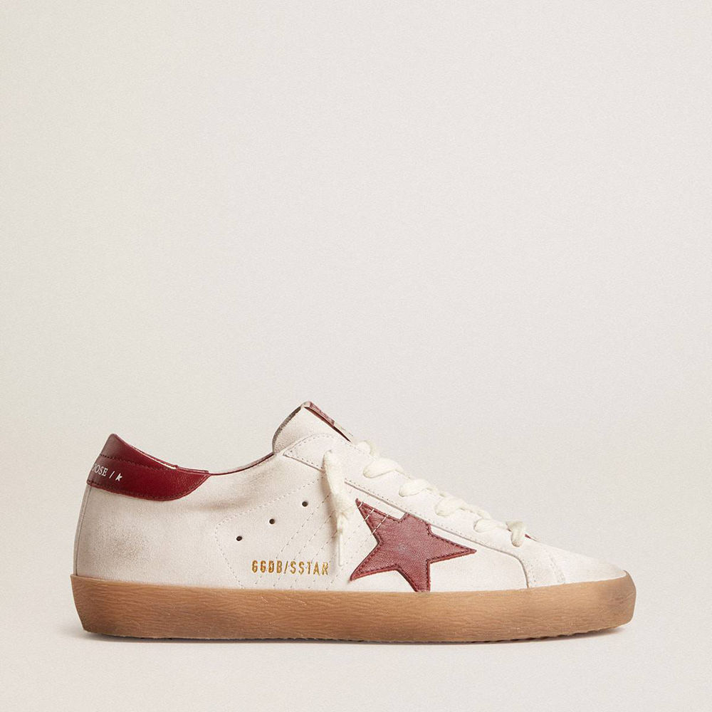 Golden Goose Super-Star Sneakers In White Suede With Burgundy Leather Star And Heel Tab
