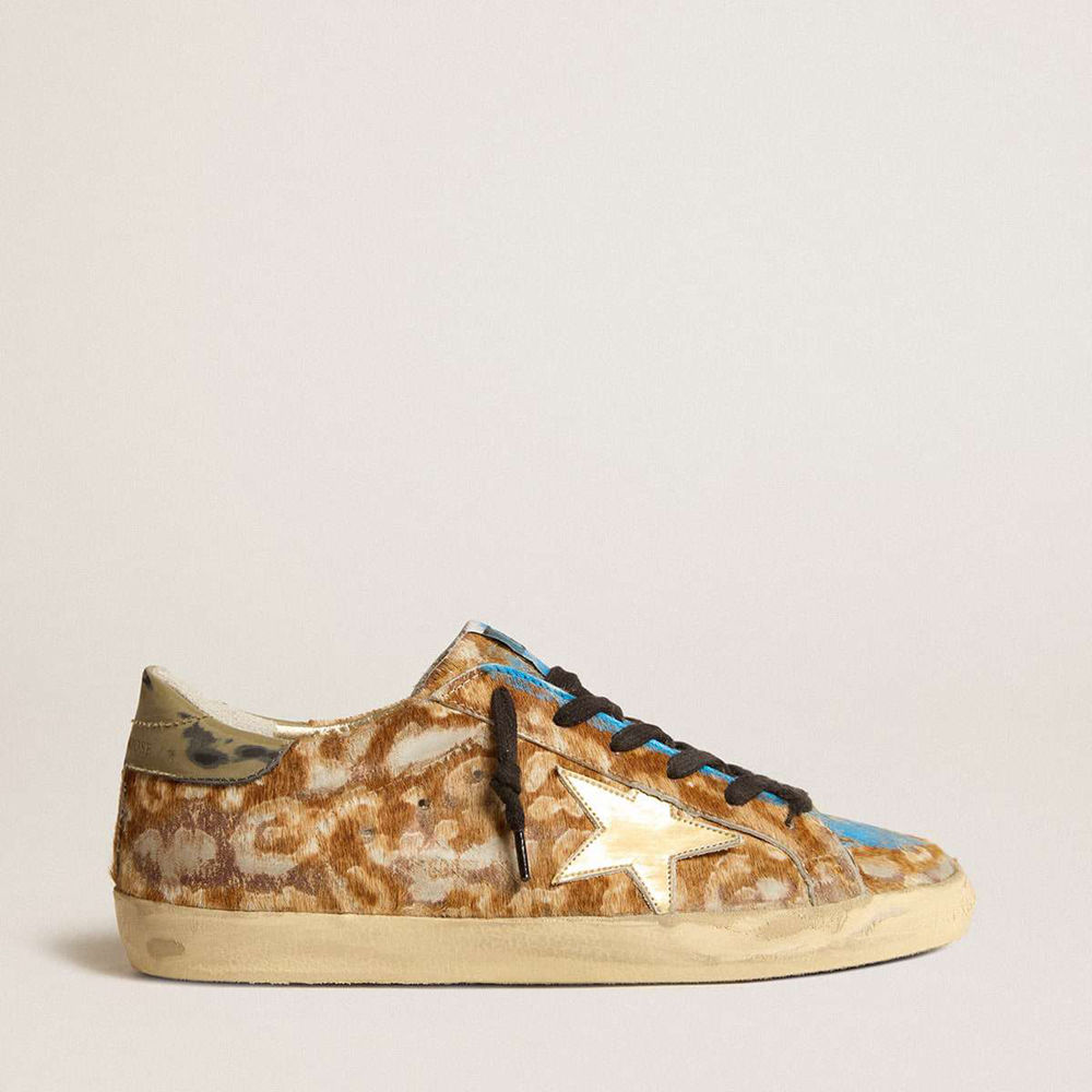 Golden Goose Super-Star Sneakers LAB In Leopard Pony Skin With Gold Star And Gray Heel Tab