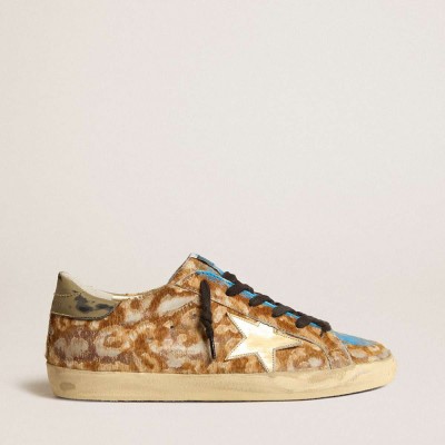 Golden Goose Super-Star Sneakers LAB In Leopard Pony Skin With Gold Star And Gray Heel Tab