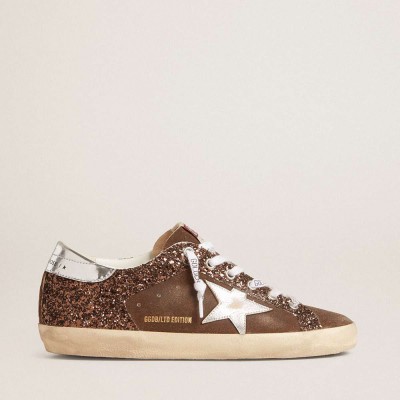 Golden Goose Super-Star LTD Sneakers In Brown Glitter And Suede With Leather Star And Heel Tab