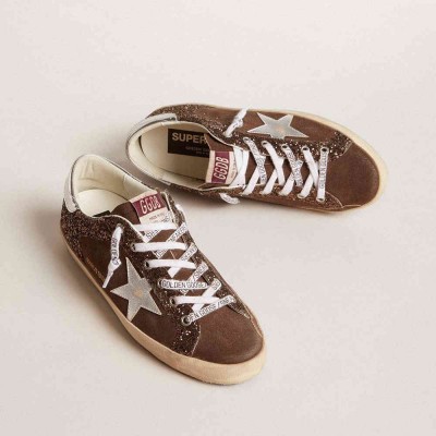 Golden Goose Super-Star LTD Sneakers In Brown Glitter And Suede With Leather Star And Heel Tab