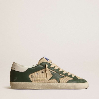 Golden Goose Super-Star LTD Sneakers In Cream Mesh And Green Nappa With Nappa Star