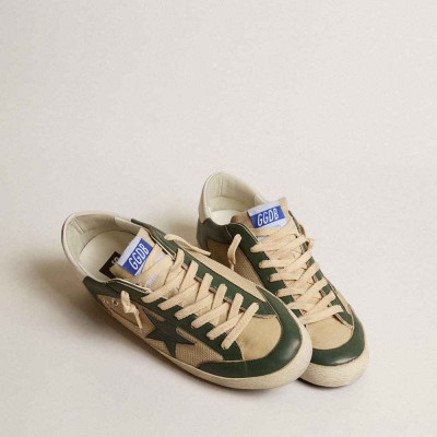Golden Goose Super-Star LTD Sneakers In Cream Mesh And Green Nappa With Nappa Star