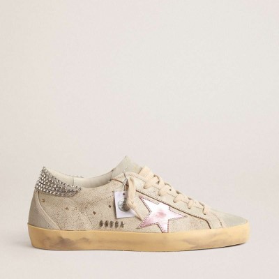 Golden Goose Super-Star LTD Sneakers In Ecru With Swarovski Crystal Heel Tab
