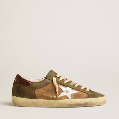 Golden Goose Super-Star LTD Sneakers In Green Leather And Tobacco-colored Suede With Silver Star