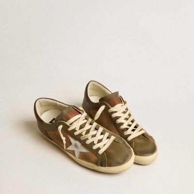 Golden Goose Super-Star LTD Sneakers In Green Leather And Tobacco-colored Suede With Silver Star