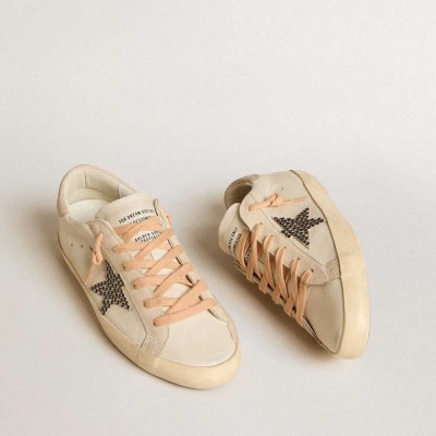 Golden Goose Super-Star LTD Sneakers In Leather With Beige Suede Star With Swarovski Studs