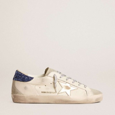 Golden Goose Super-Star LTD Sneakers In Nappa Leather With Platinum Star And Blue Glitter Heel Tab