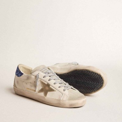 Golden Goose Super-Star LTD Sneakers In Nappa Leather With Platinum Star And Blue Glitter Heel Tab
