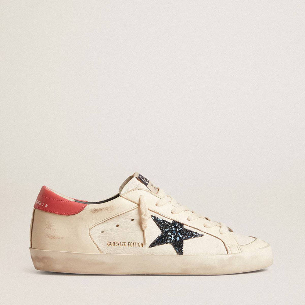 Golden Goose Super-Star LTD Sneakers In Nappa With Blue Glitter Star And Red Heel Tab