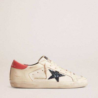 Golden Goose Super-Star LTD Sneakers In Nappa With Blue Glitter Star And Red Heel Tab