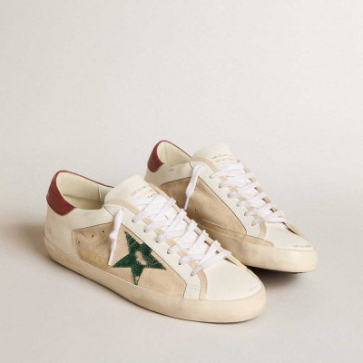 Golden Goose Super-Star LTD Sneakers In Suede With Green Metallic Star And Red Heel Tab