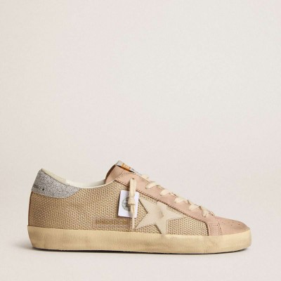 Golden Goose Super-Star LTD Sneakers In White Mesh And Pink Nubuck With Swarovski Crystals Heel Tab