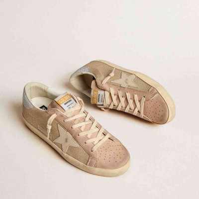 Golden Goose Super-Star LTD Sneakers In White Mesh And Pink Nubuck With Swarovski Crystals Heel Tab