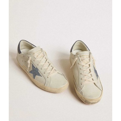 Golden Goose Super-Star LTD Sneakers With Cream-colored Leather Star With Swarovski Crystals And Blue Leather Heel Tab With Lizard Print