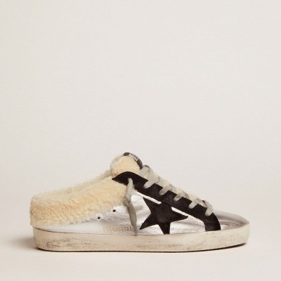 Golden Goose Super-Star Sneakers Sabot In Silver Laminated Leather With Black Star