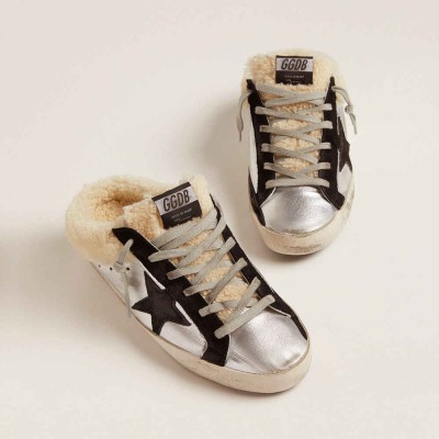 Golden Goose Super-Star Sneakers Sabot In Silver Laminated Leather With Black Star