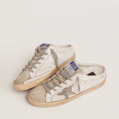 Golden Goose Super-Star Sneakers Sabot With A Platinum Glitter Star And Suede Tongue