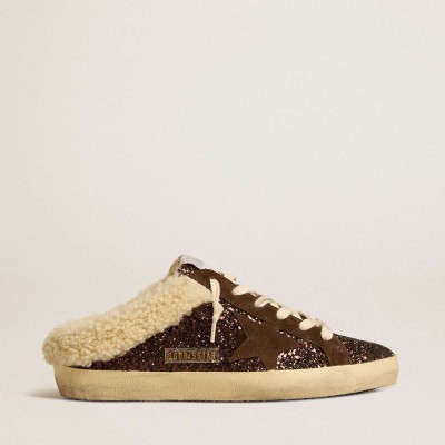 Golden Goose Super-Star Sneakers Sabots In Glitter With Brown Star And Shearling Lining