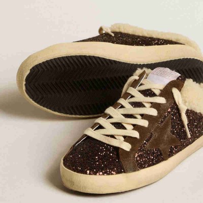 Golden Goose Super-Star Sneakers Sabots In Glitter With Brown Star And Shearling Lining