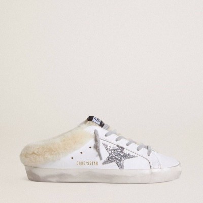 Golden Goose Super-Star Sneakers Sabots In White Leather With Shearling Lining And Silver Star