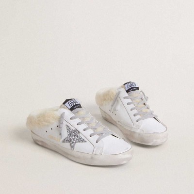 Golden Goose Super-Star Sneakers Sabots In White Leather With Shearling Lining And Silver Star
