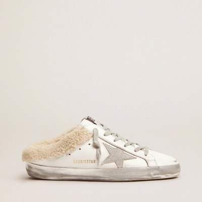 Golden Goose Super-Star Sneakers Sabots In White Leather With Shearling Lining
