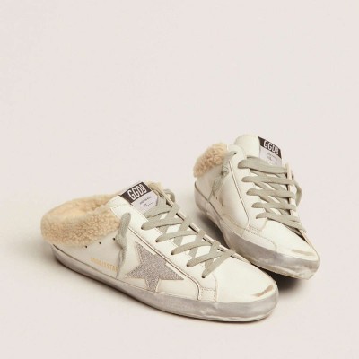 Golden Goose Super-Star Sneakers Sabots In White Leather With Shearling Lining