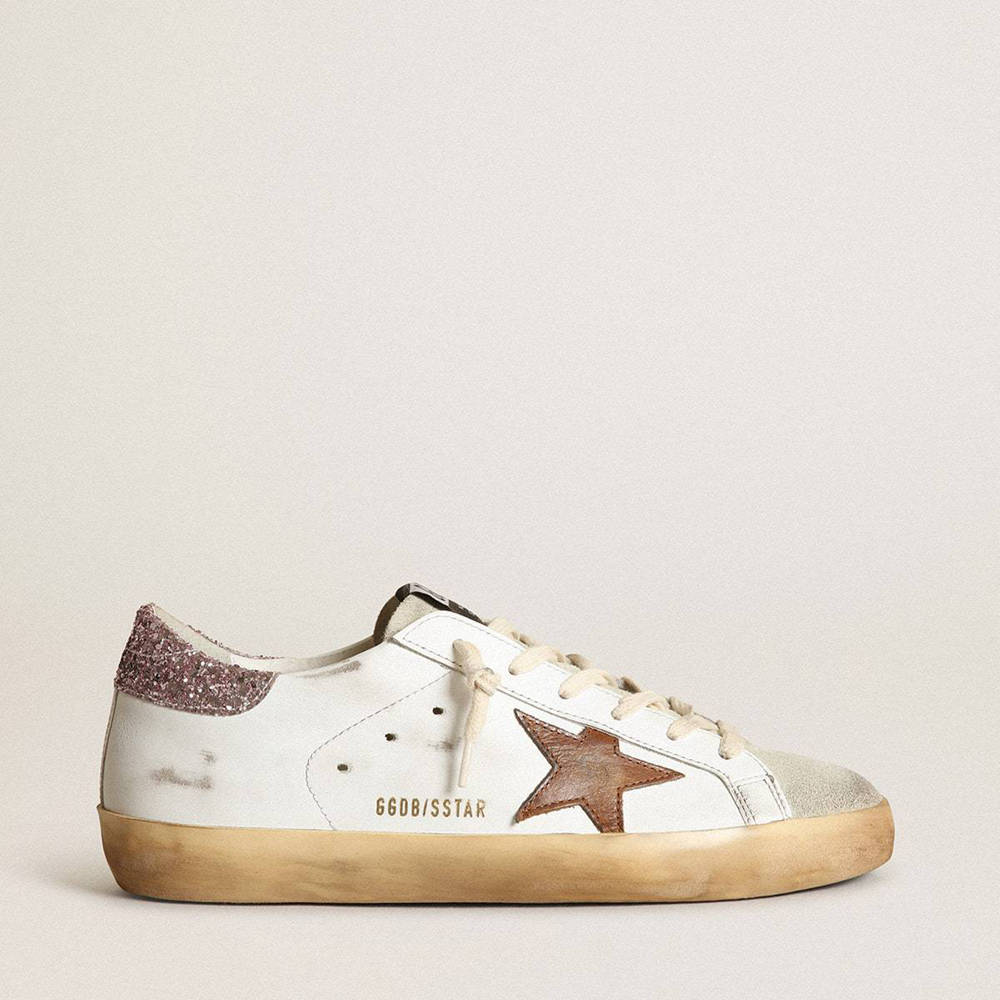 Golden Goose Super-Star Sneakers With A Tan Star And Pink Glitter Heel Tab