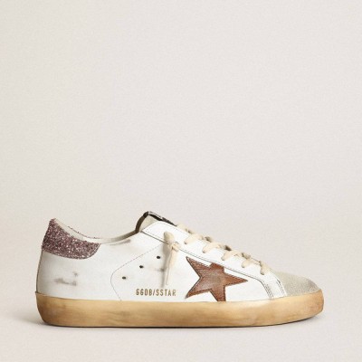 Golden Goose Super-Star Sneakers With A Tan Star And Pink Glitter Heel Tab