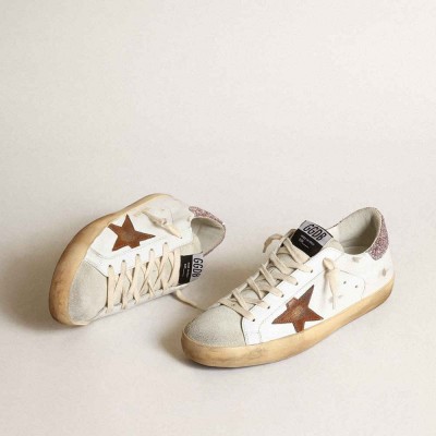 Golden Goose Super-Star Sneakers With A Tan Star And Pink Glitter Heel Tab
