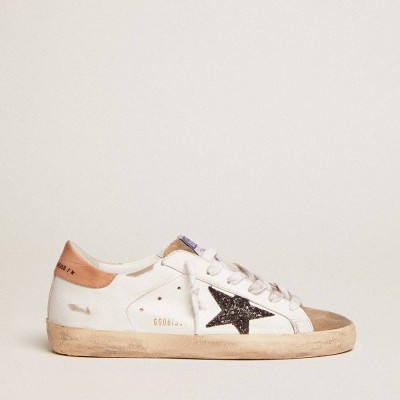 Golden Goose Super-Star Sneakers With Black Glitter Star And Pink Heel Tab