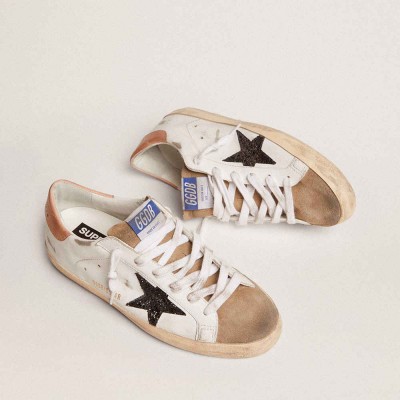 Golden Goose Super-Star Sneakers With Black Glitter Star And Pink Heel Tab
