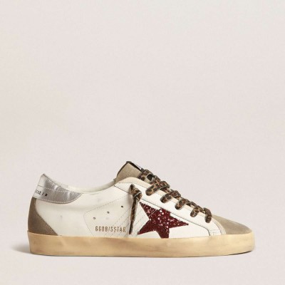 Golden Goose Super-Star Sneakers With Burgundy Glitter Star And Silver Heel Tab