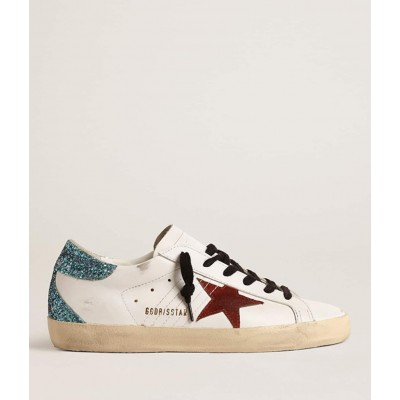 Golden Goose Super-Star Sneakers With Burgundy Suede Star And Light Blue Glitter Heel Tab