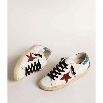 Golden Goose Super-Star Sneakers With Burgundy Suede Star And Light Blue Glitter Heel Tab