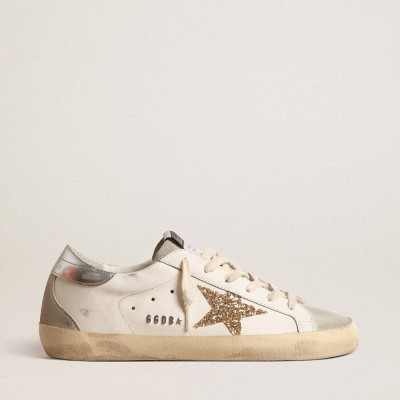 Golden Goose Super-Star Sneakers With Gold Glitter Star And Ice-gray Suede Inserts