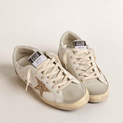 Golden Goose Super-Star Sneakers With Gold Glitter Star And Ice-gray Suede Inserts